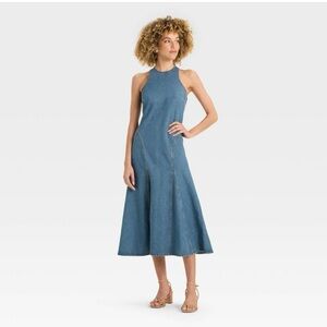 Blue Sleeveless Halter A-Line Midi Dress
